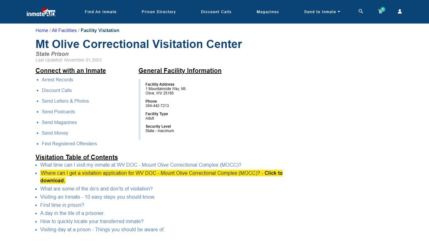 WV DOC - Mount Olive Correctional Complex (MOCC) - InmateAid