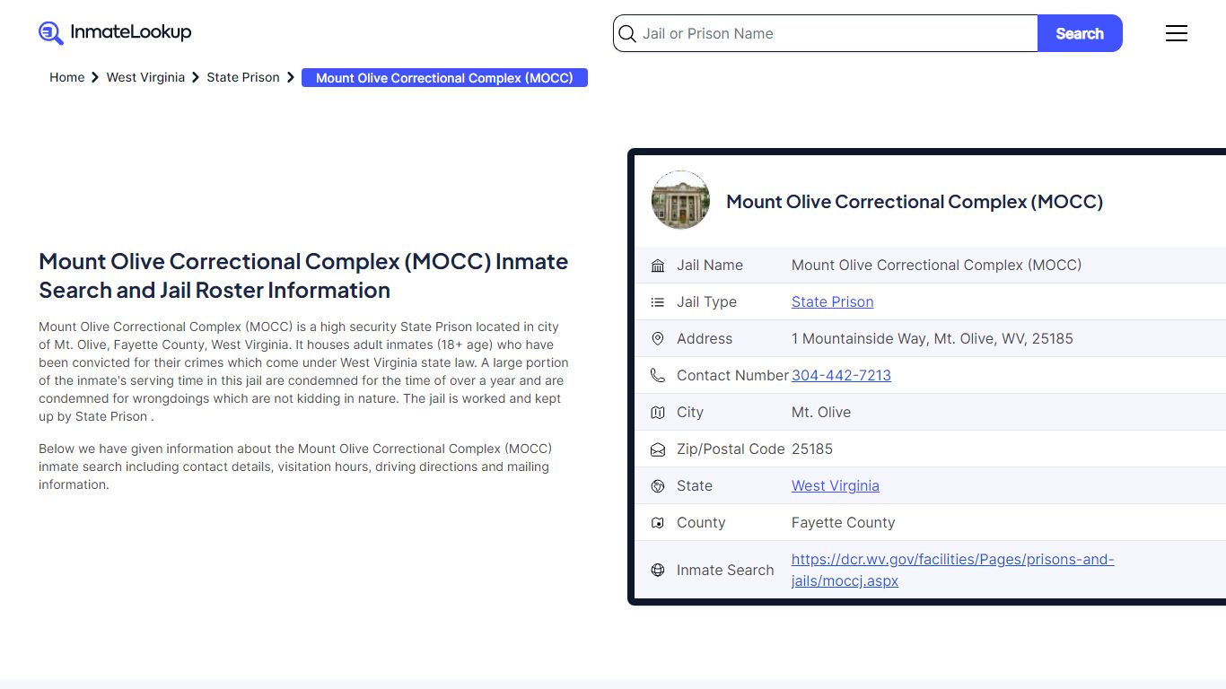 Mount Olive Correctional Complex (MOCC) Inmate Search, Jail Roster ...