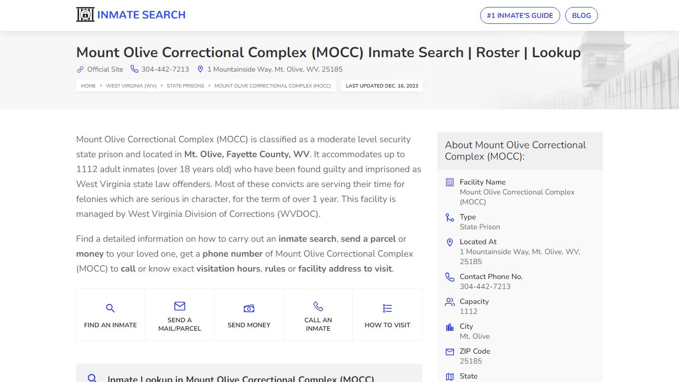 Mount Olive Correctional Complex (MOCC) Inmate Search | Roster | Lookup